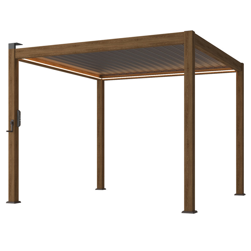 LED Adjustable Aluminum Pergola with Louvers with Lights for Patio, 10 ft x 10 ft, Wood Grain