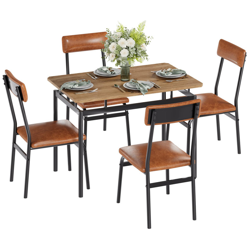 5-Piece Dining Table Set, Wood Kitchen Table with 4 Upholstered Chairs, Space-Saving Design, Faux Leather Cushions, Modern Rectangular Table