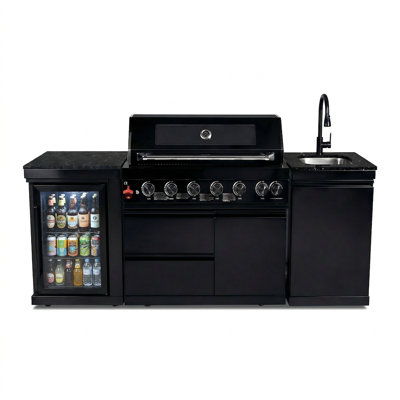 Riva Deluxe Outdoor Kitchen Island with 6-Burner 85,000 BTU Propane Gas Grill, Wine Cooler Refrigerator, Stainless Steel Sink & Marble Countertops