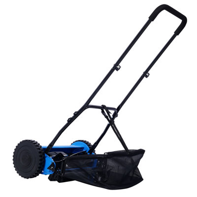 16-Inch 5-Blade Push Reel Lawn Mower with Grass Catcher, Blue Steel Manual Cutter