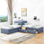 Lit plateforme tapissier en L avec lit gigogne et deux tiroirs reliés par un bureau intégré