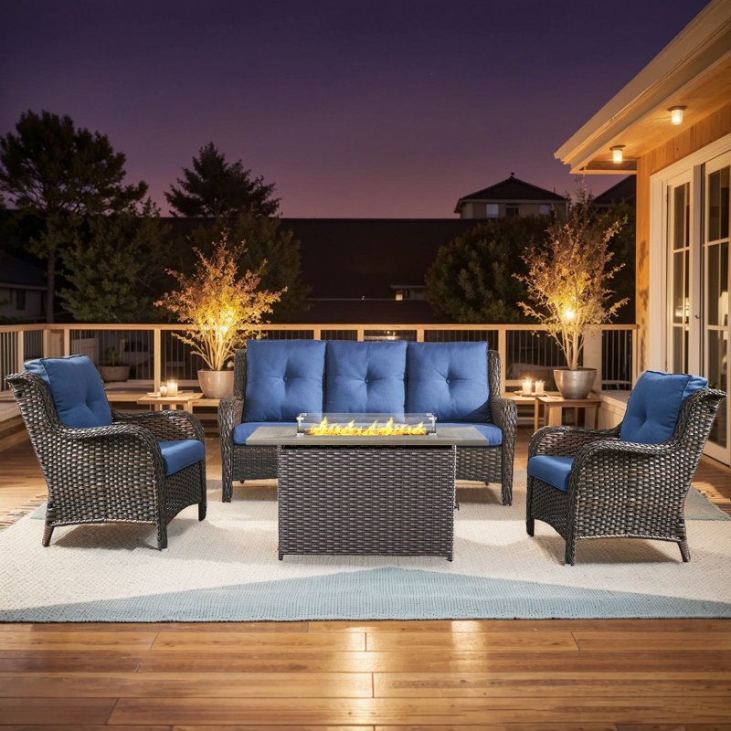 Wendye 4-Piece Outdoor Wicker Furniture Set, 2 Patio Chairs, 3-Seat Sofa & Fire Pit Table, Brown, Blue