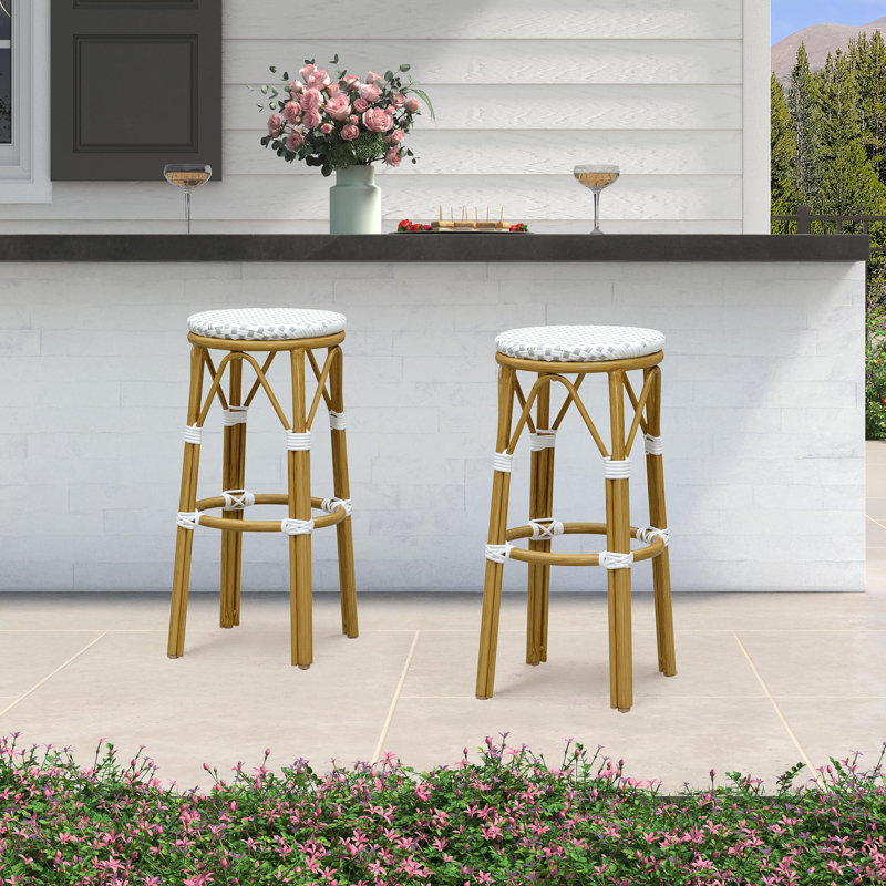 Patio Round Counter & Bar Height Stools Set Of 2 Outdoor Backless Barstools Woven Rattan Bar Chair For Indoor Kitchen Island Bistros Cafe Restaurant