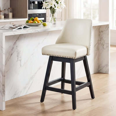 Set of 2 Swivel Bar Stools, Modern 26" Counter Height Upholstered Pub Chairs with Solid Wood Legs & Nailhead Trim for Kitchen Island