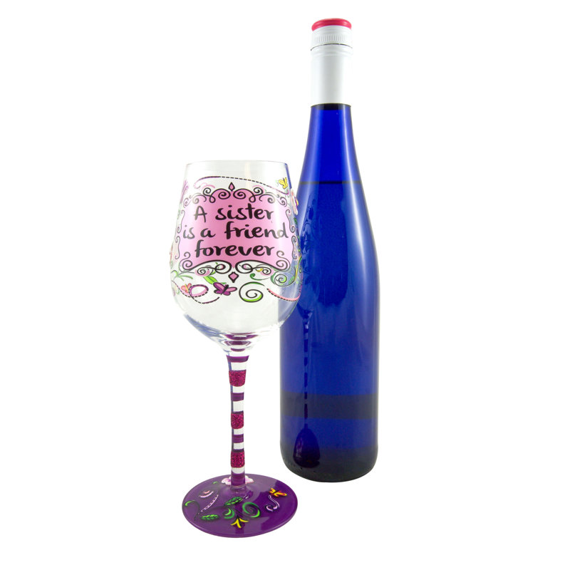 Hand-Painted Multicolor Sister Forever Wine Glass, 15oz
