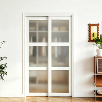 3-Lite Tempered Frosted Glass Sliding Closet Door, White Prefinished Manufactured Wood with Hardware Kit