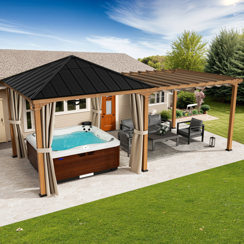 Sunrise Coast 10'X20' Hard Top Patio Gazebo With Mesh Netting And Privacy Curtains,  Extend Pavilion Pergola With Galvanized Steel Slope Metal Roof