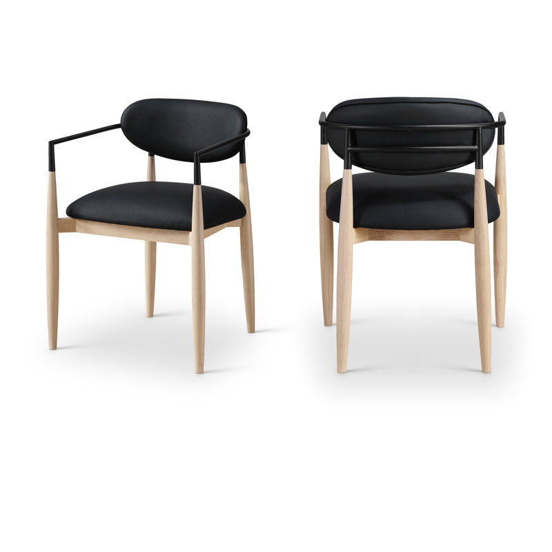 Riccio Vegan Leather Upholstered Dining Arm Chair, Stained Natural / Powder Coated Black, Black Vegan Leather