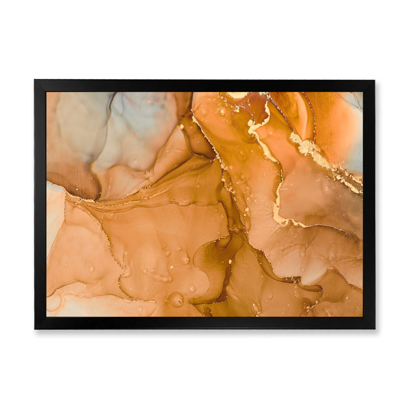 «Brown Luxury Abstract Fluid III», peinture sur toile, H 16 po x l 32 po x P 1 po, Cadre noir