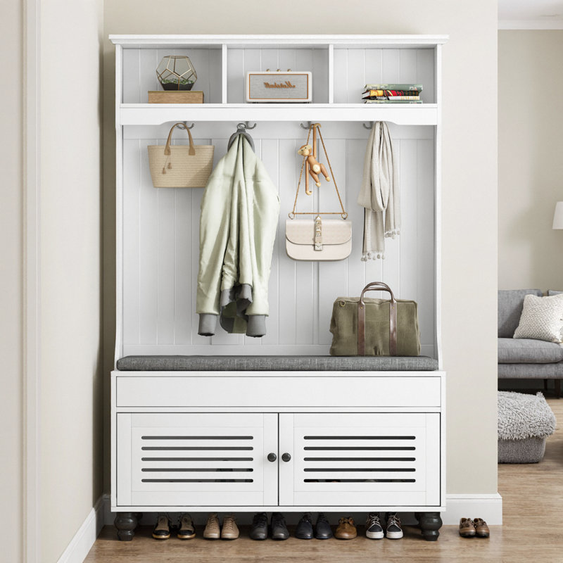 Portemanteau d'entrée avec banc de rangement et portemanteaux pour l'entrée organisée ou le vestibule, Blanc