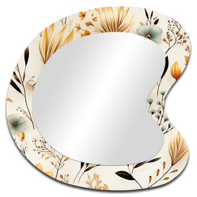 Plewak Minimalism Beige Ferns  Pattern - Floral Asymmetrical Unique Wall Mirror Decor, Beige Irregular Shape Large Mirror, Printed Metal Art