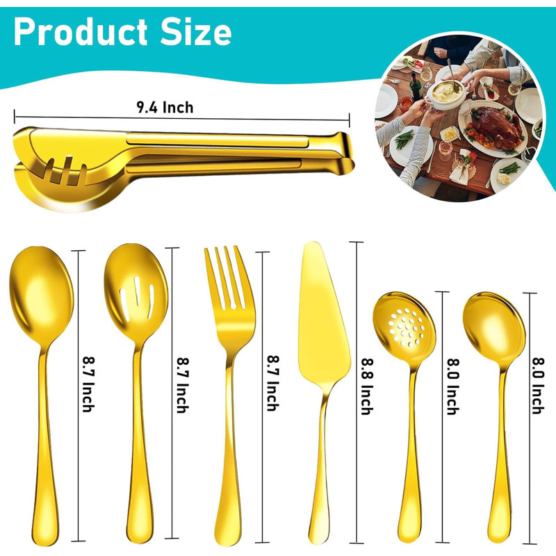 Ensemble d'ustensiles de service de 15 pièces en acier inoxydable pour la cuisine, la restauration, le banquet, le mariage, le buffet - comprend des cuillères, des fourchettes, des pinces, une cuillère à rainures, une louche et un gâteau
