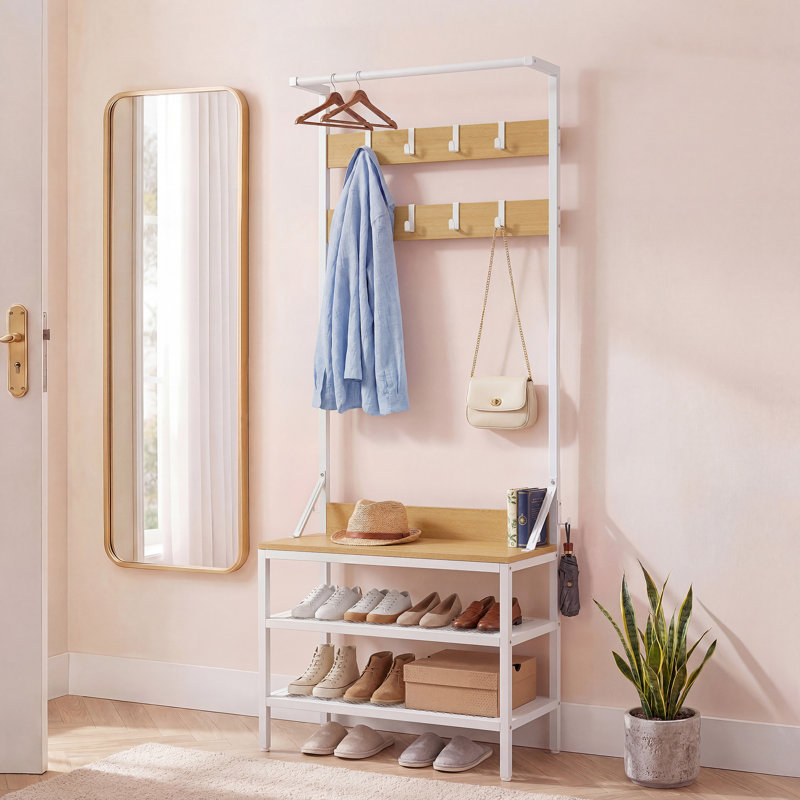 Hall Tree 72cm Wide with Bench and Shoe Storage, Light Yellow
