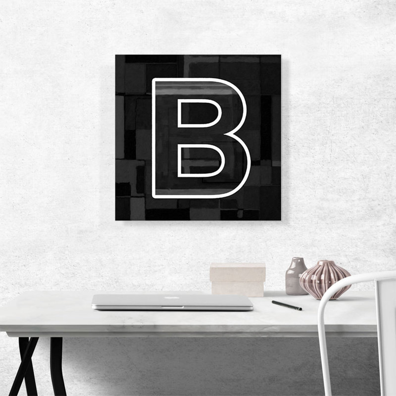 Art moderne noir et blanc, lettre B - reproduction d'art textuel sur toile tendue, H 18 po x l 18 po x 1,5 po