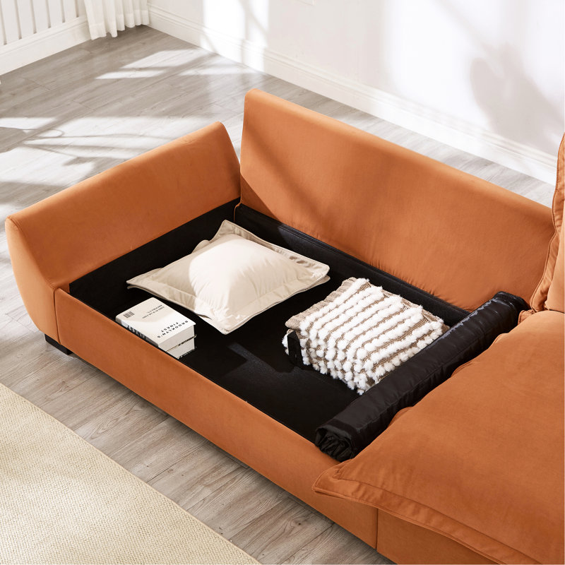 Canapé modulaire orange avec des housses lavables, une structure en bois massif et des coussins décoratifs pour appartement