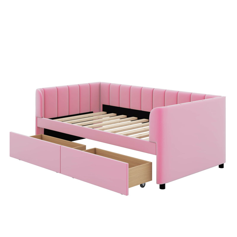 Lit de jour simple tapissier avec tiroirs, Rose