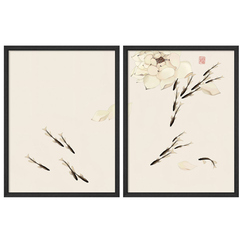«Fishes In Lotus Pond», reproduction d'art encadrée, affiches, salle de bain, petit art mural, Blanc / Blanc