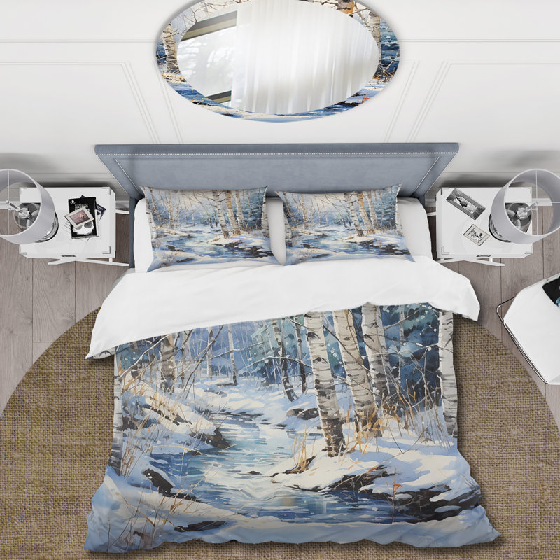 Birch Woods Winter Moonrise I - Ensemble de housse de couette à motif floral - Microfibre de polyester
