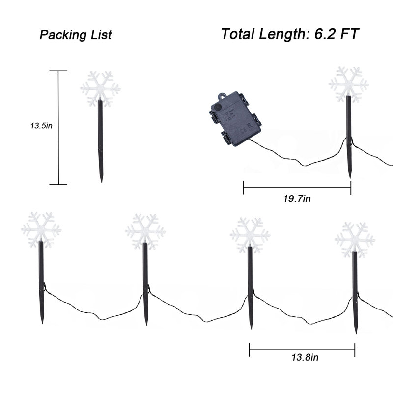 Led Pathway Light String 5 Stakes Snowflakes Battery Power Waterproof for Yard Patio Decoration