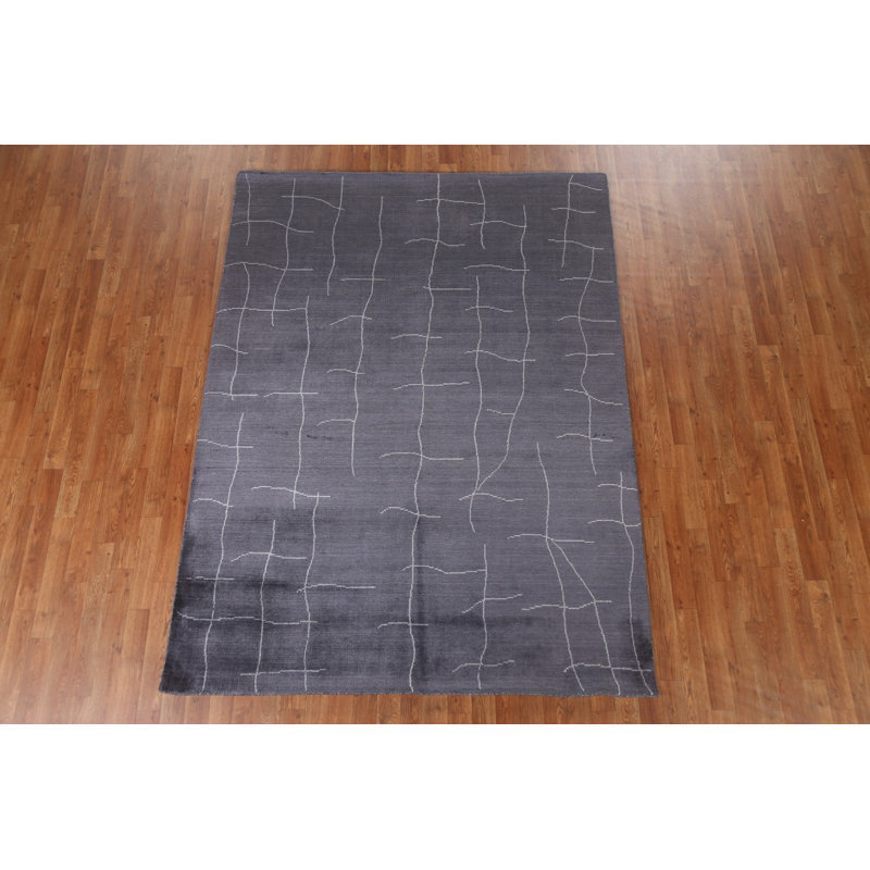 Tapis gris anthracite en soie noué à la main de conception unique 5 pi 8 po x 7 pi 7 po