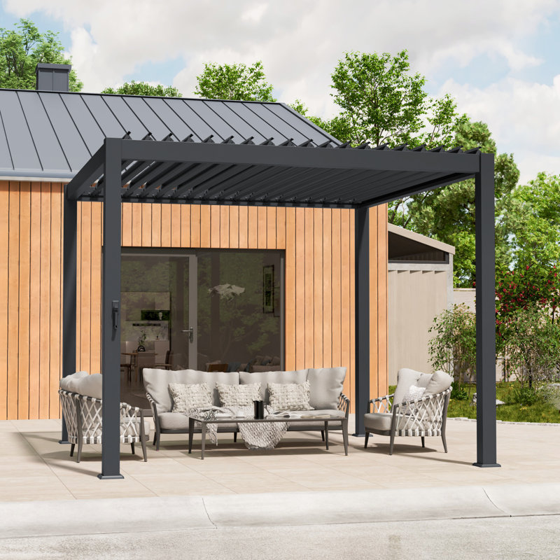 Outdoor Aluminum Pergola with Adjustable Louvers and Concealed Water Drainage System, 10 ft x 10 ft, Gray