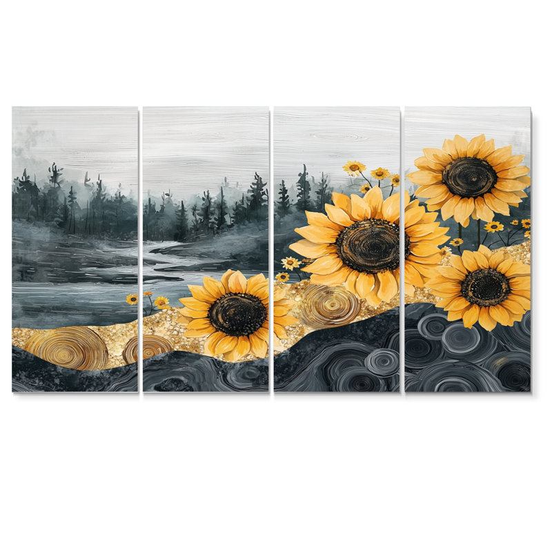 Sadia - art mural tournesols - art mural traditionnel, toile 4 pièces, H 32 po x l 64 po