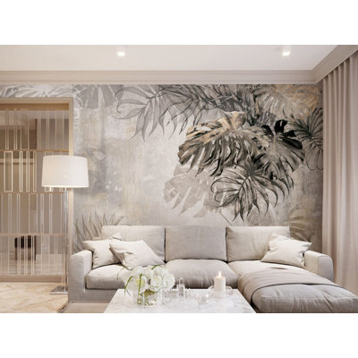 Murale feuille neutre Monstera | Papier peint botanique tropical beige | Non-tissé ou pelez et collez