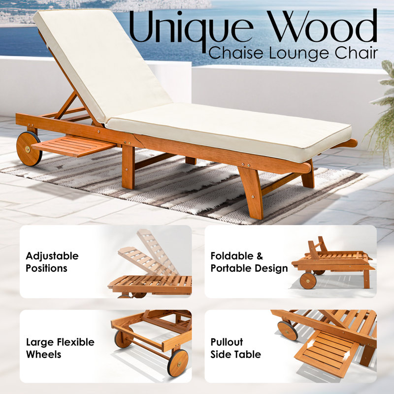Outdoor Wood Foldable Chaise Lounge Chair, Cushion Included