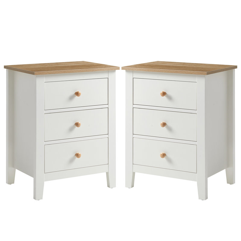 3 Drawer Nightstand Set Of 2, Bedside Tables With Solid Wood Knobs, Set of 2