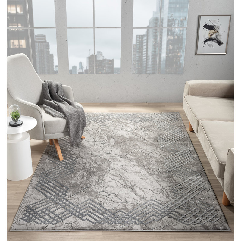 Tapis à bordure abstraite gris Ksamil Collection, Rectangle 5 pi 3 po x 7 pi 3 po