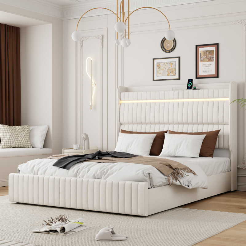 Upholstered Bed Frame With 4 Drawers, Bed With Storage Headboard And Charging Station