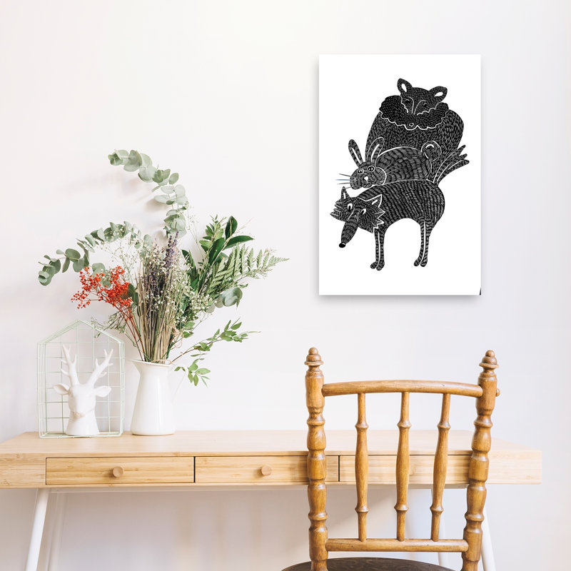 Reproduction d'art mural fantaisiste, empilage d'animaux fantaisiste, contemporain, lapin, forêt, faune, 24" H x 16" W