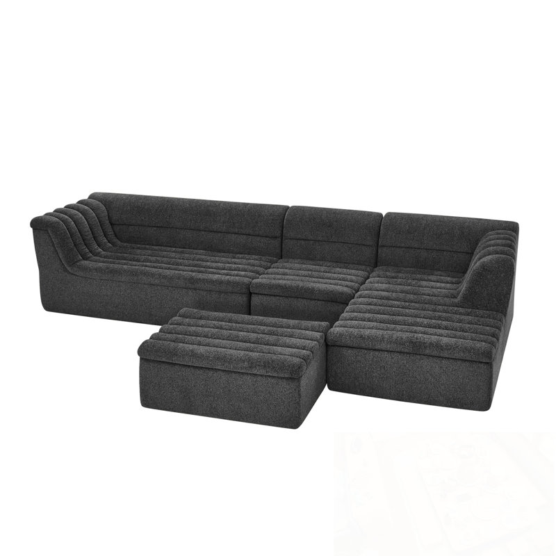 U-Shaped Modular Sectional Sofa with Wave-Shaped Armrest and Movable Ottoman, Black