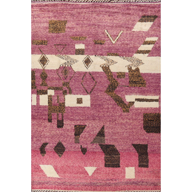 Tapis mauve en laine noué à la main de conception unique 8 pi 10 po x 12 pi 9 po marocain