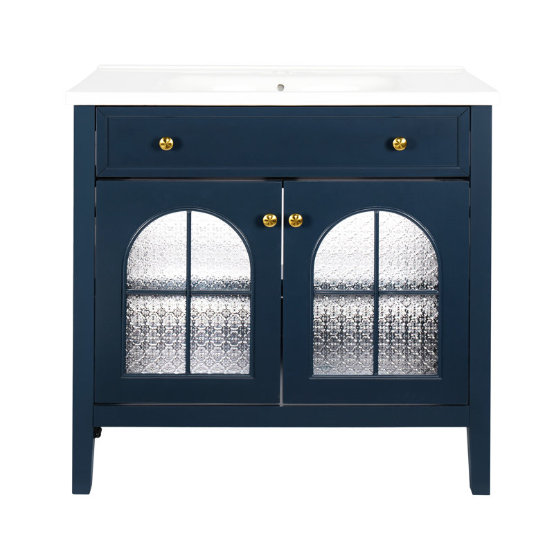 Meuble-lavabo bleu 35,6 po avec vitre, bande de capteur de mouvement automatique, 2 armoires, autoportant, style médiéval, lavabo intégré, construction et installation rapide d'évier de salle de bain Mid-Century activé