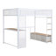 Lit mezzanine double en métal pleine grandeur avec bureau à DEL, armoire ouverte et 3 tiroirs de rangement en lin, blanc