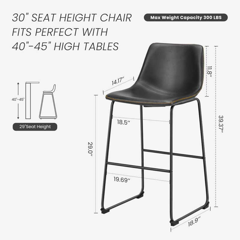 Modern Upholstered Dining Stool, Black, 2 Pieces, Bar Stool (29" Seat Height)