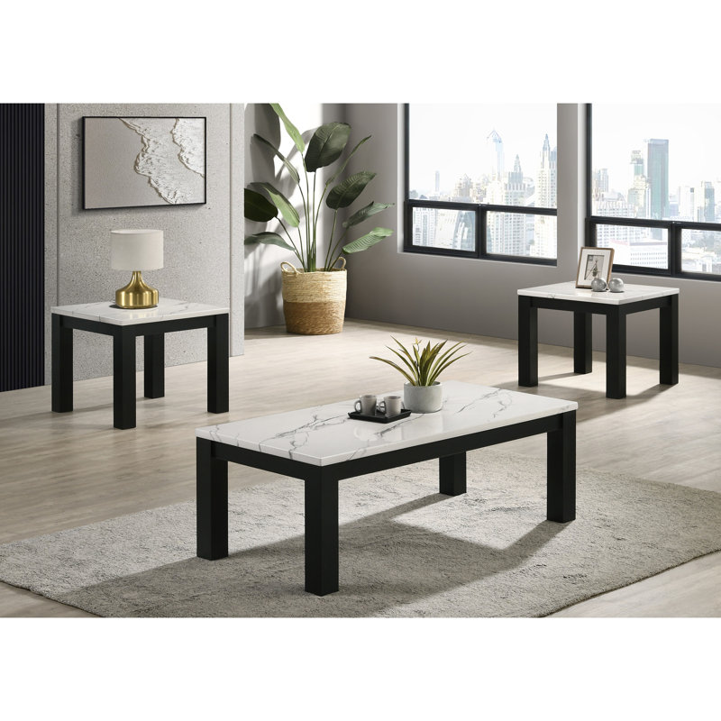 Table de salon chic à plateau en faux marbre blanc avec caractéristiques noires et ensemble moderne