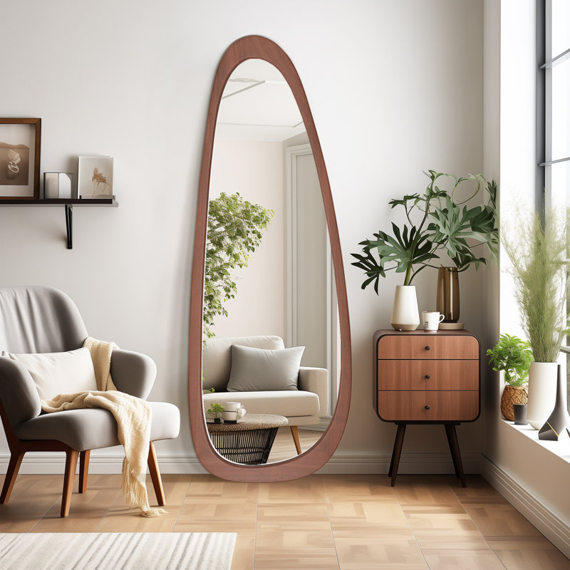 Doruk Irregular Wooden Bathroom/Vanity Mirror, Walnut, 60" x 22"