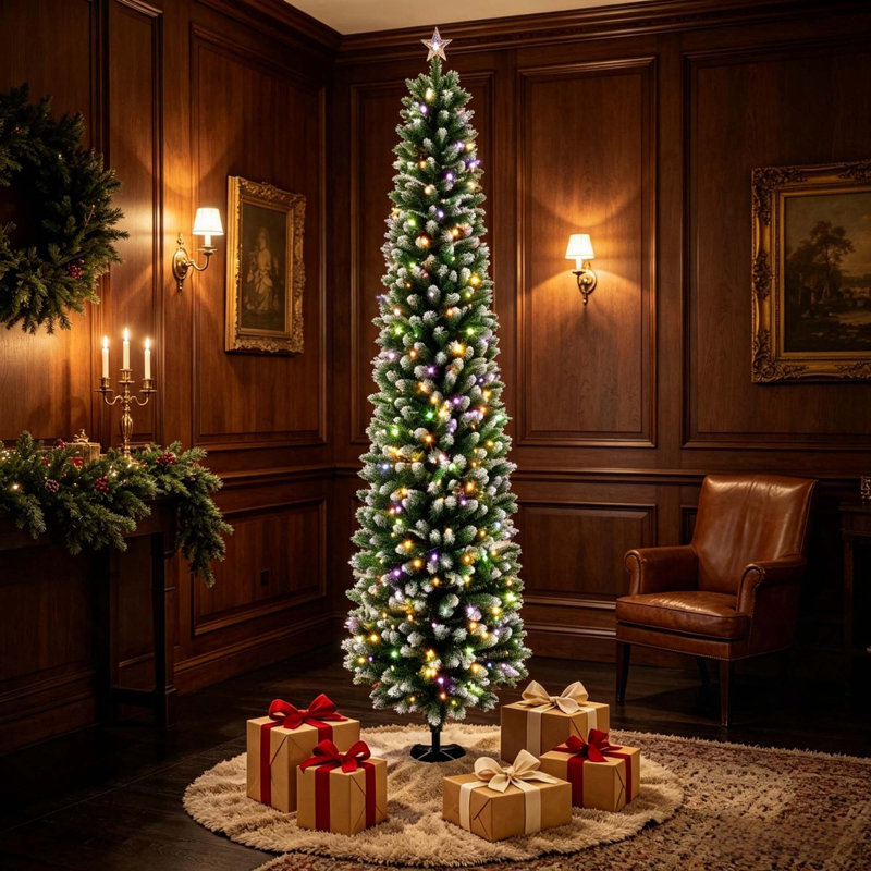 Sapin de Noël pré-illuminé de 2,4 m (8 pi) en forme de crayon fin floqué avec DEL bicolores vert et blanc, télécommande avec 11 modes d'éclairage