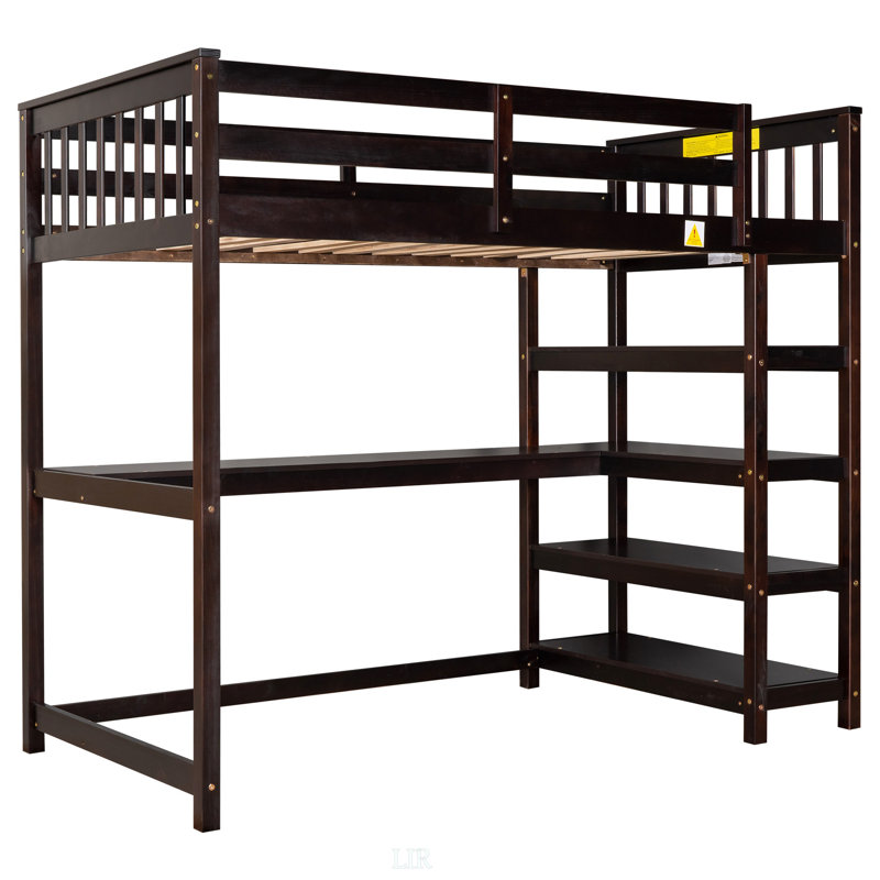 Lit mezzanine simple avec tablettes de rangement et bureau sous le lit, conception robuste et peu encombrante pour les chambres modernes