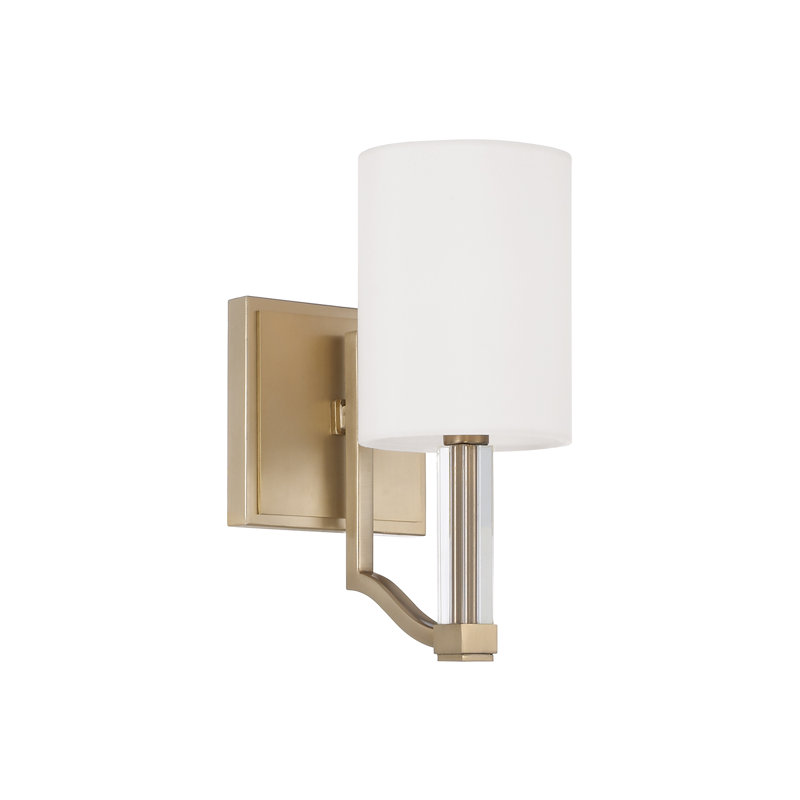 5" W x 10.25" H 1-Light Wallchiere Sconce in Matte Brass with Clear Acrylic Accents and Cylindrical White Fabric Shades