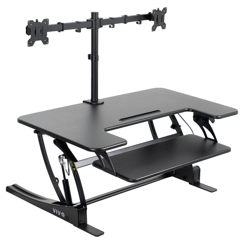 Black Adjustable Standing Desk Converter with Dual Monitor Mount