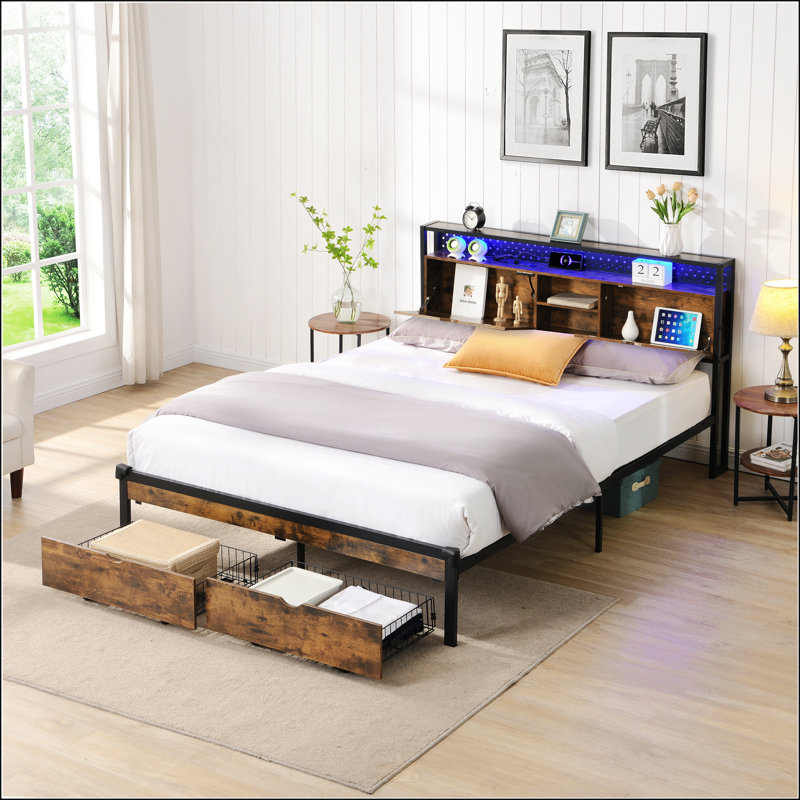 Base de lit plateforme en métal avec tête de lit et pied de lit USB, Double