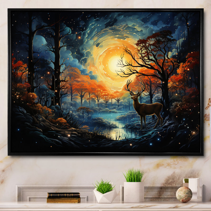 " Deer Celestial Symphony ", Black Floater Framed, 34" H x 44" W x 1.5" D