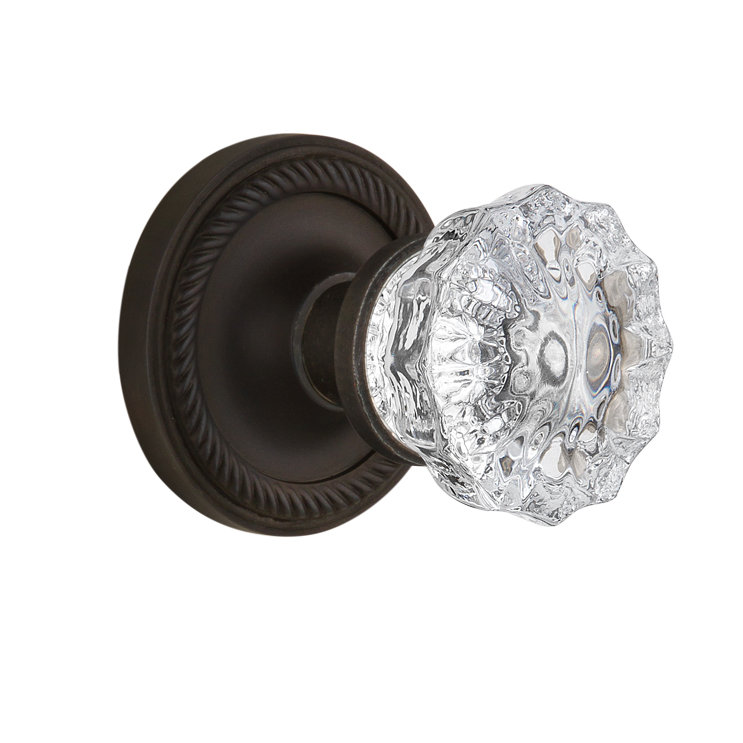 Bouton de porte de mortaise intérieure en cristal transparent avec rosette en corde, Bronze frotté à l'huile
