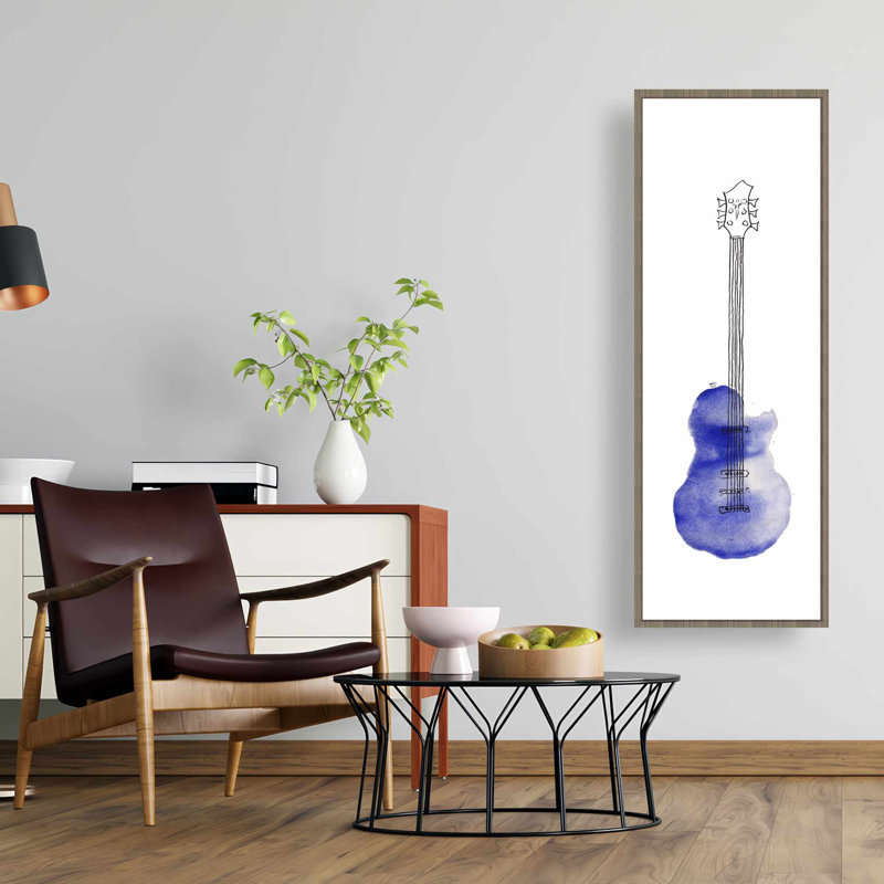Toile bleue avec guitare rétro | Art musical encadré pour le salon, H 49,25 po x l 17,25 po