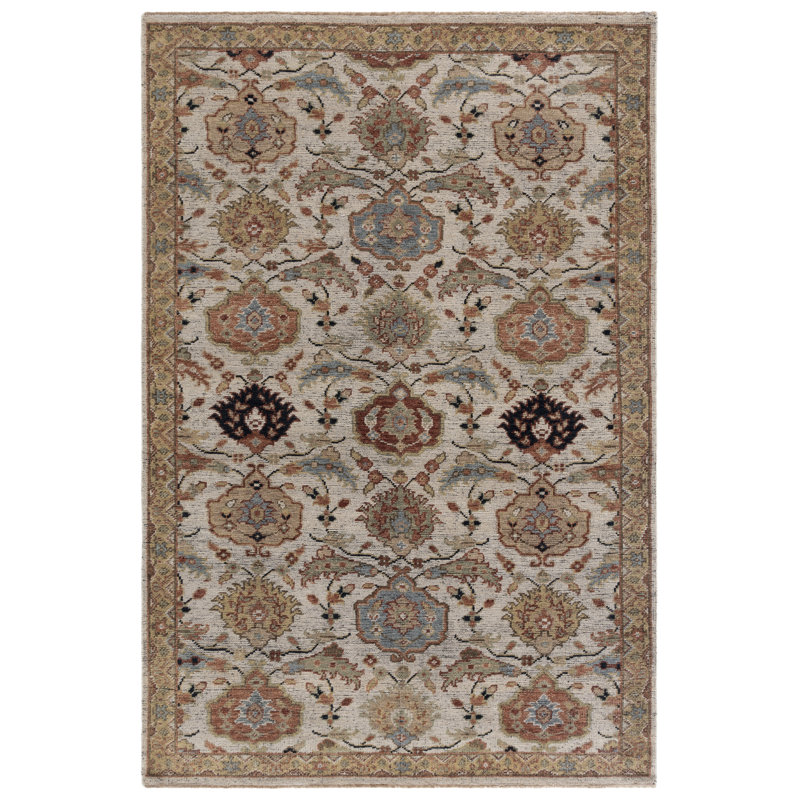Oriental Hand-Knotted Ivory / Gold Area Rug, Rectangle 6' x 9'