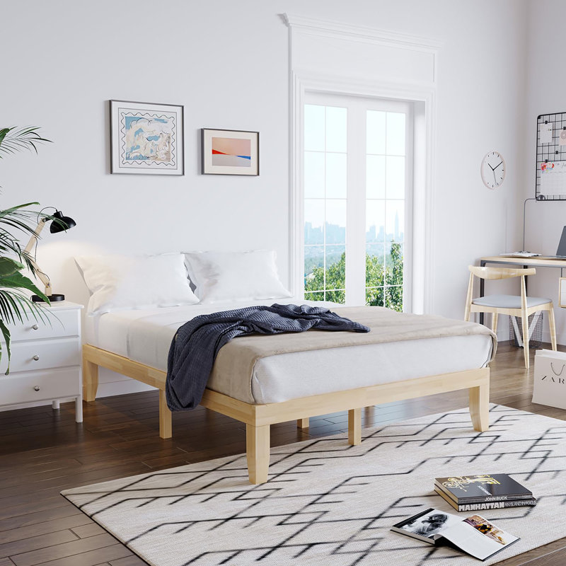 14 Inch Solid Wood Platform Bed Frame, Natural, Queen