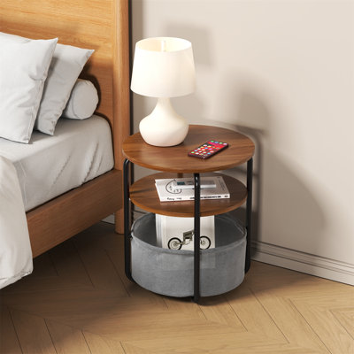 3-Tier Modern Round Computer Desk with Removable Fabric Basket – Compact Metal Frame bedside table, Space-Saving Office Table for Bedroom, Living Room – 23.6" Tall